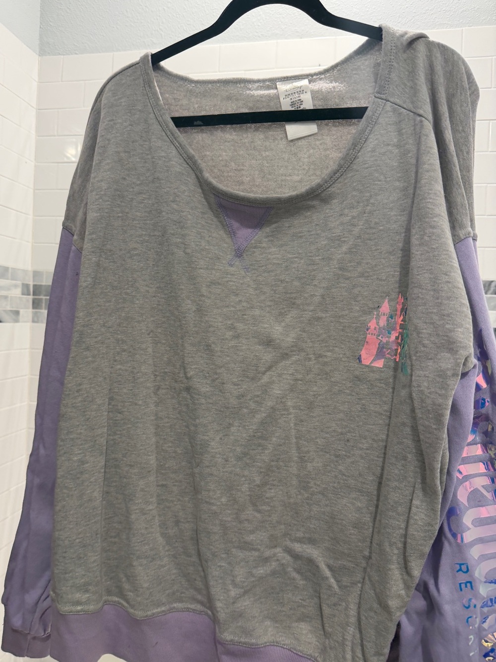 Disneyland Comfort Crewneck Sweatshirt - Light Gray with Lavender Sleeves
